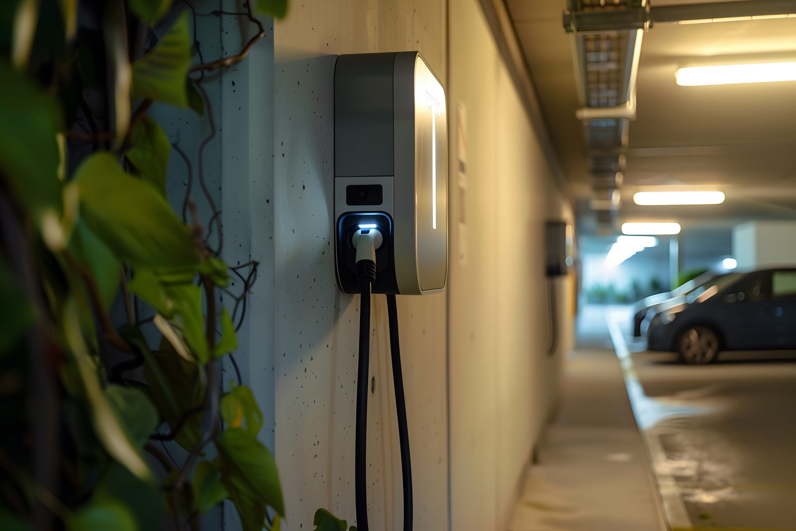 Ev charging unit with a plugged-in cable in an indoor parking lot, showing sustainable transport