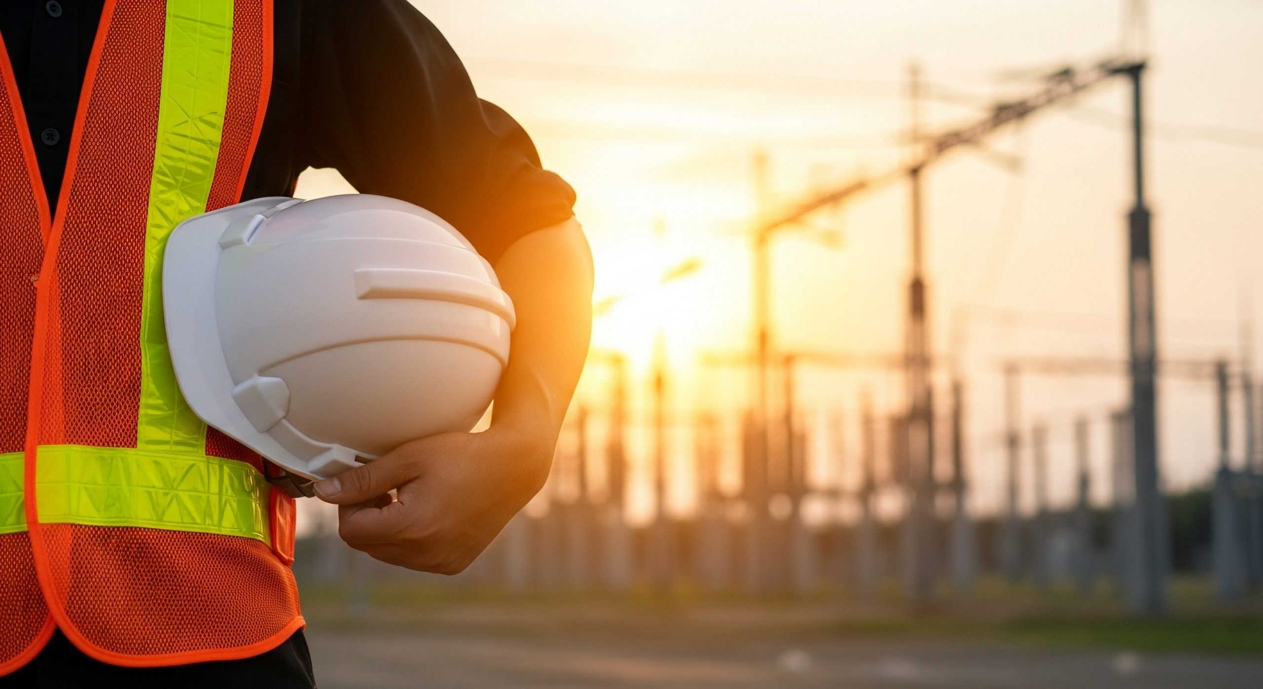 A construction worker holding a white hard hat in front of an electrical substation at sunset time